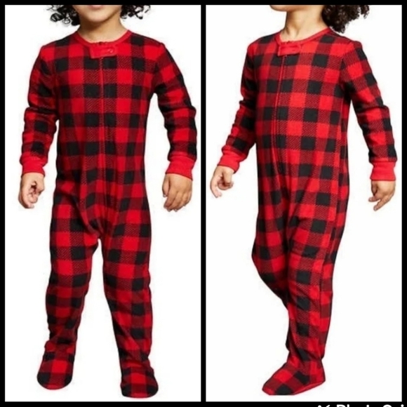 ♥️5 For $25 NEW Eddie Bauer  Christmas  fleece plaid pajama onsie black and red - Picture 4 of 10